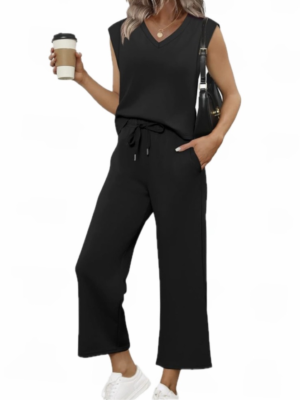 SAMPEEL WOMEN XXL BLACK TWO-PIECE OUTFIT SHORT SLEEVE V-NECK WIDE LEG NWT